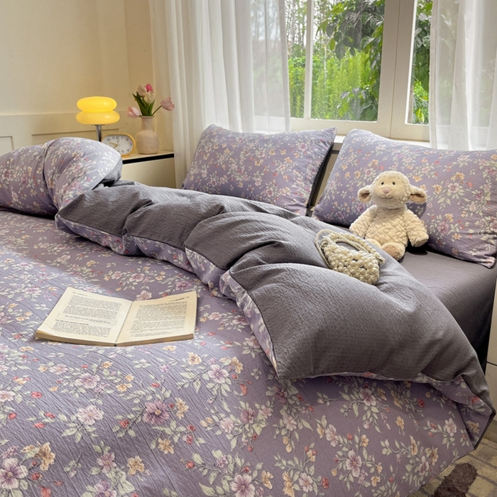 91家纺网 家纺一手货源 找家纺 王朝国际 2026爆款皱皱双层纱四件套暗香紫