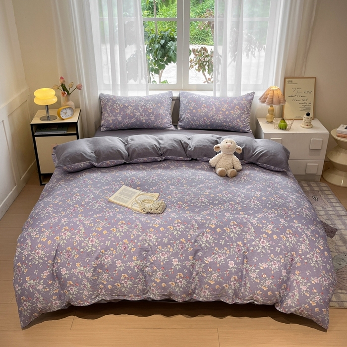 91家纺网 家纺一手货源 找家纺 王朝国际 2026爆款皱皱双层纱四件套暗香紫