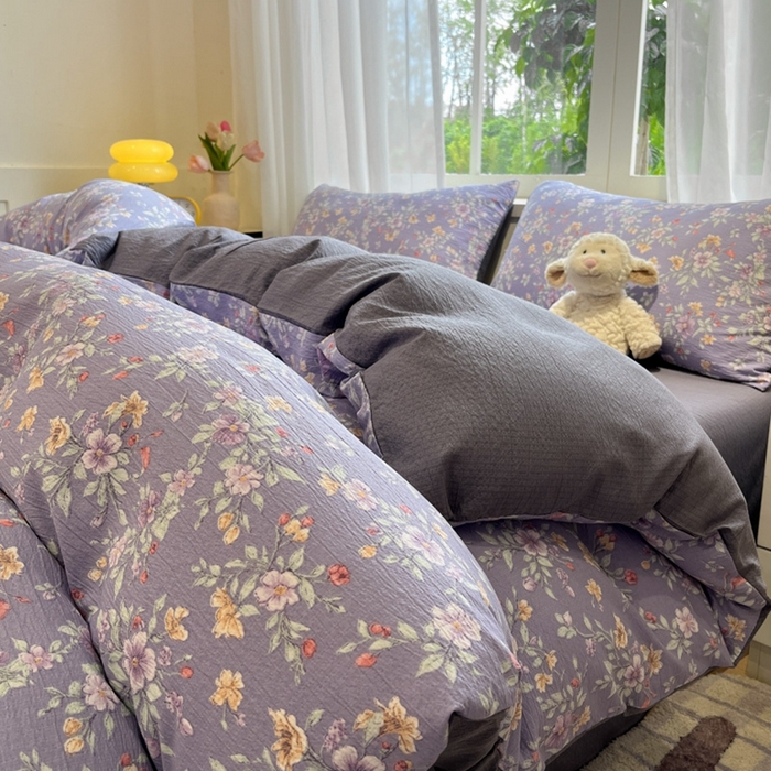 91家纺网 家纺一手货源 找家纺 王朝国际 2026爆款皱皱双层纱四件套暗香紫