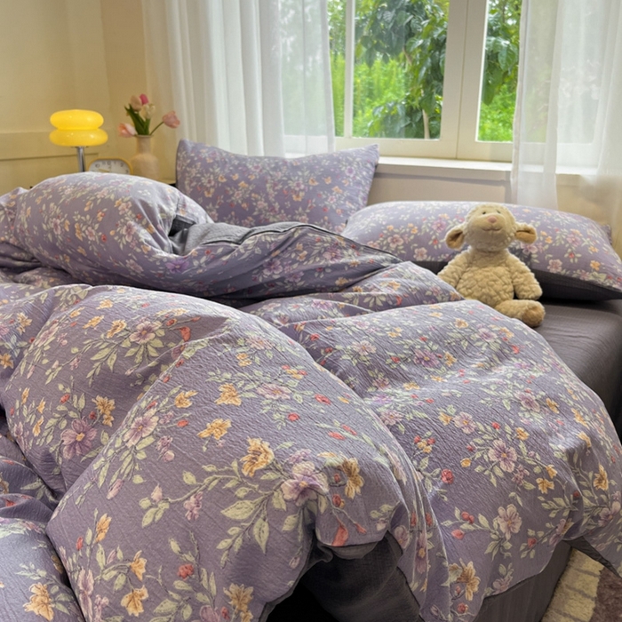 91家纺网 家纺一手货源 找家纺 王朝国际 2026爆款皱皱双层纱四件套暗香紫