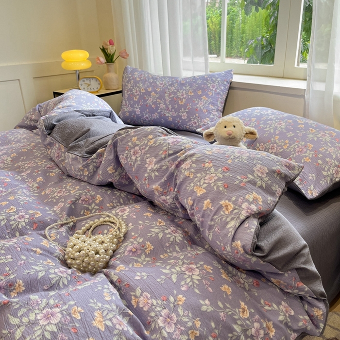 91家纺网 家纺一手货源 找家纺 王朝国际 2026爆款皱皱双层纱四件套暗香紫