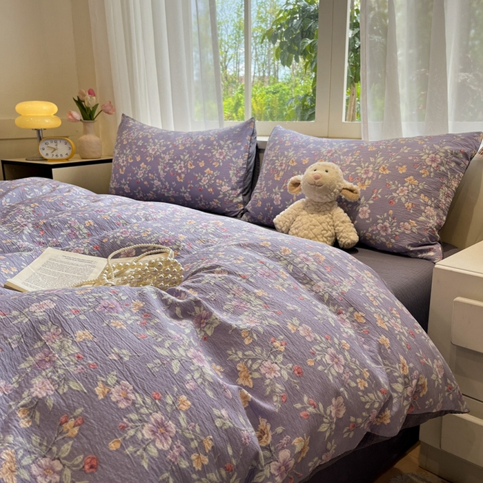 91家纺网 家纺一手货源 找家纺 王朝国际 2026爆款皱皱双层纱四件套暗香紫