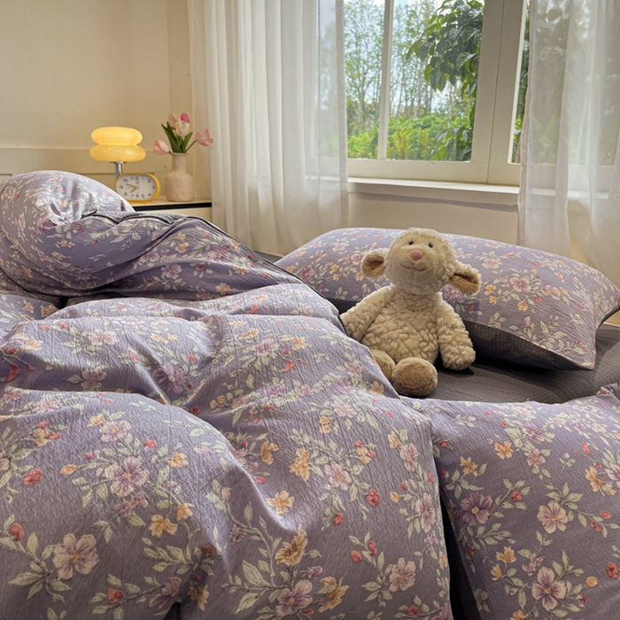 91家纺网 家纺一手货源 找家纺 王朝国际 2026爆款皱皱双层纱四件套暗香紫