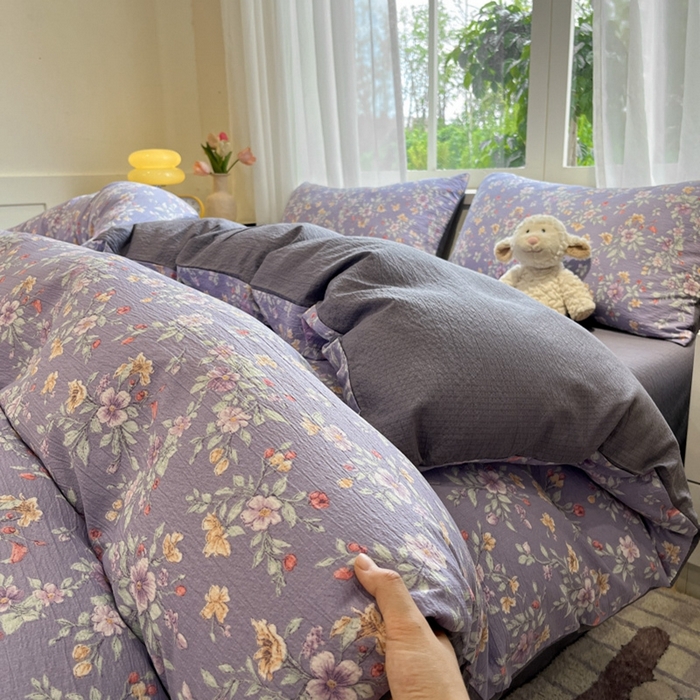 王朝国际 2026爆款皱皱双层纱四件套暗香紫