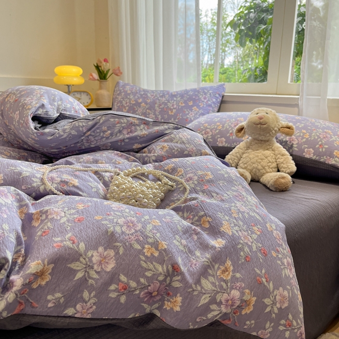 91家纺网 家纺一手货源 找家纺 王朝国际 2026爆款皱皱双层纱四件套暗香紫