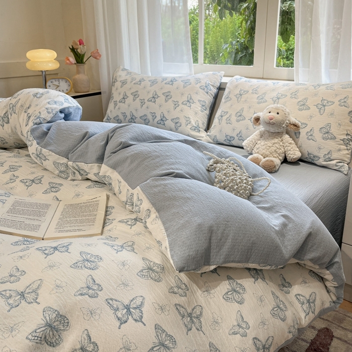 91家纺网 家纺一手货源 找家纺 王朝国际 2026爆款皱皱双层纱四件套蝶舞