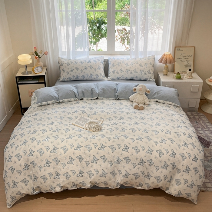 91家纺网 家纺一手货源 找家纺 王朝国际 2026爆款皱皱双层纱四件套蝶舞