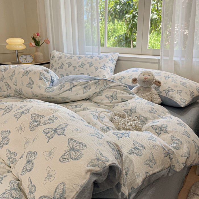 91家纺网 家纺一手货源 找家纺 王朝国际 2026爆款皱皱双层纱四件套蝶舞