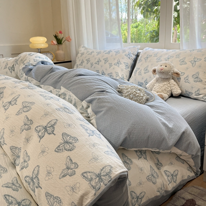 91家纺网 家纺一手货源 找家纺 王朝国际 2026爆款皱皱双层纱四件套蝶舞