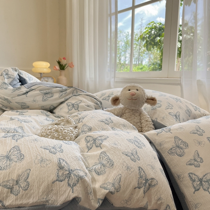 91家纺网 家纺一手货源 找家纺 王朝国际 2026爆款皱皱双层纱四件套蝶舞