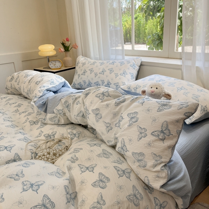 91家纺网 家纺一手货源 找家纺 王朝国际 2026爆款皱皱双层纱四件套蝶舞