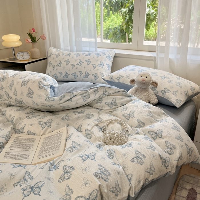 91家纺网 家纺一手货源 找家纺 王朝国际 2026爆款皱皱双层纱四件套蝶舞