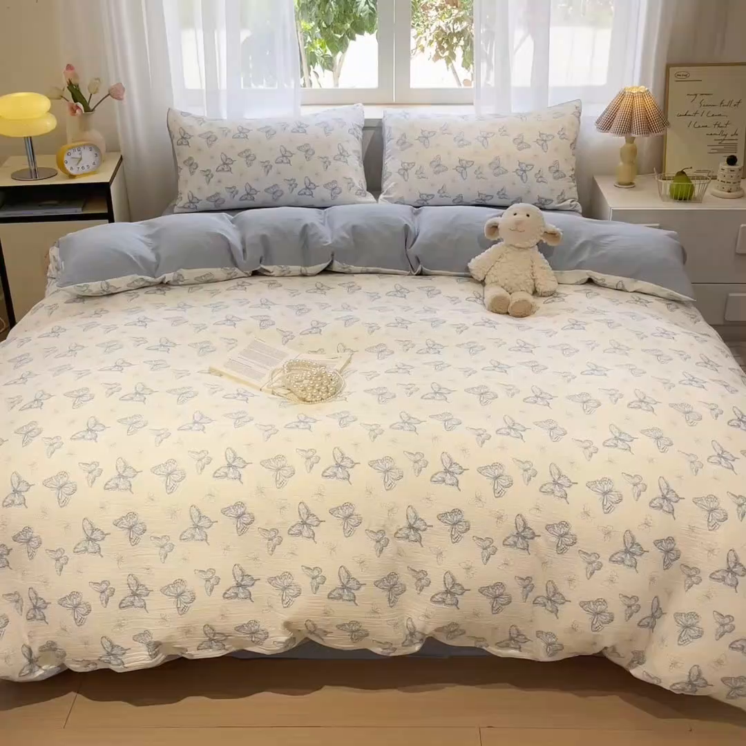 91家纺网 家纺一手货源 找家纺 王朝国际 2026爆款皱皱双层纱四件套蝶舞