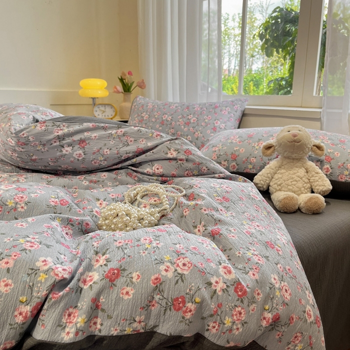 91家纺网 家纺一手货源 找家纺 王朝国际 2026爆款皱皱双层纱四件套繁花