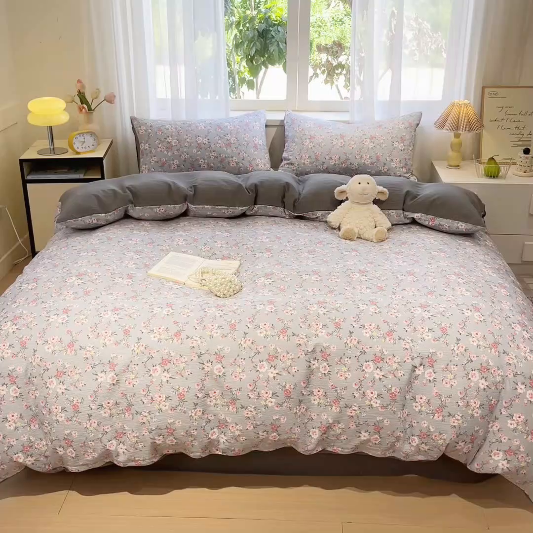 91家纺网 家纺一手货源 找家纺 王朝国际 2026爆款皱皱双层纱四件套繁花