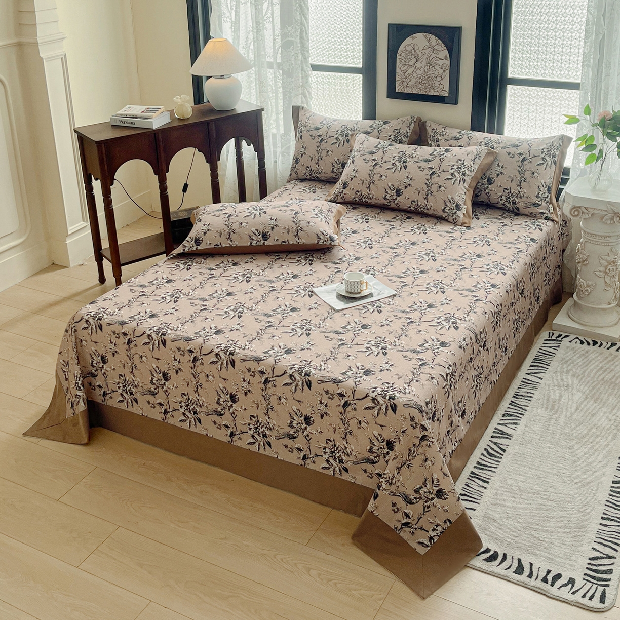 91家纺网 家纺一手货源 找家纺 慕梵家居2025新款100%全棉磨毛包边单床单 甜梦茶语