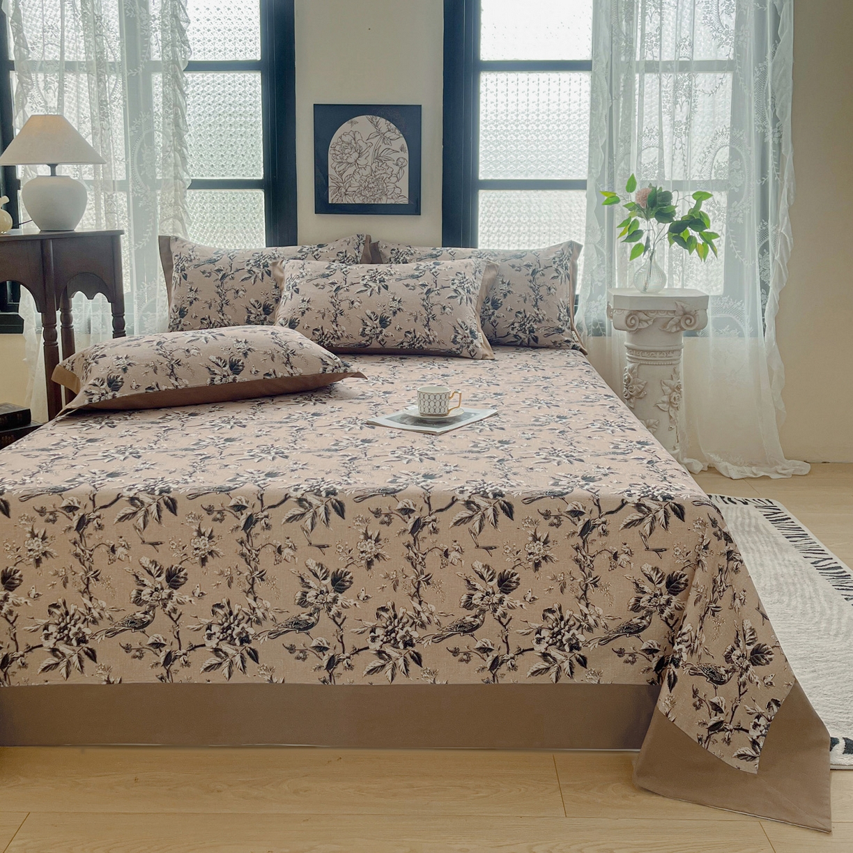 91家纺网 家纺一手货源 找家纺 慕梵家居2025新款100%全棉磨毛包边单床单 甜梦茶语