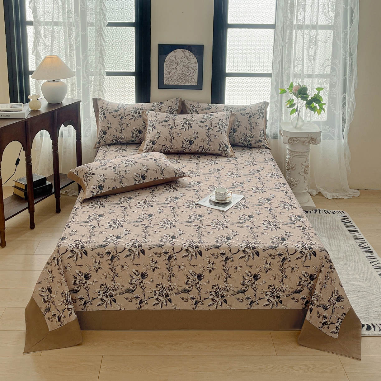 91家纺网 家纺一手货源 找家纺 慕梵家居2025新款100%全棉磨毛包边单床单 甜梦茶语