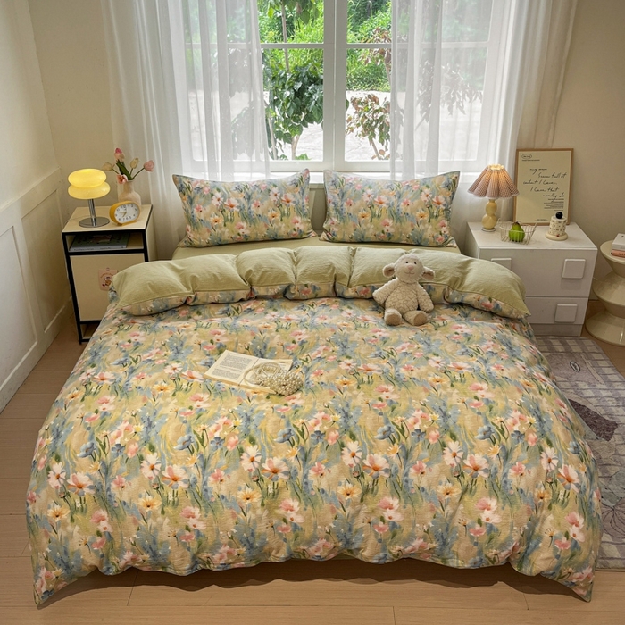 91家纺网 家纺一手货源 找家纺 王朝国际 2026爆款皱皱双层纱四件套花精灵