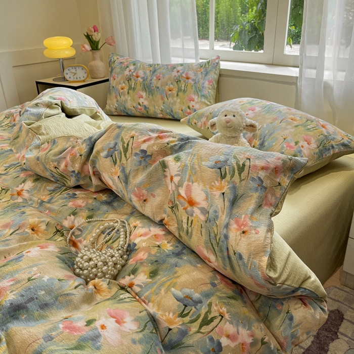 91家纺网 家纺一手货源 找家纺 王朝国际 2026爆款皱皱双层纱四件套花精灵