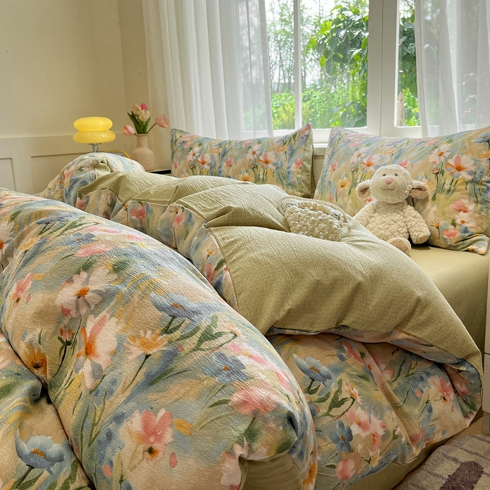 91家纺网 家纺一手货源 找家纺 王朝国际 2026爆款皱皱双层纱四件套花精灵