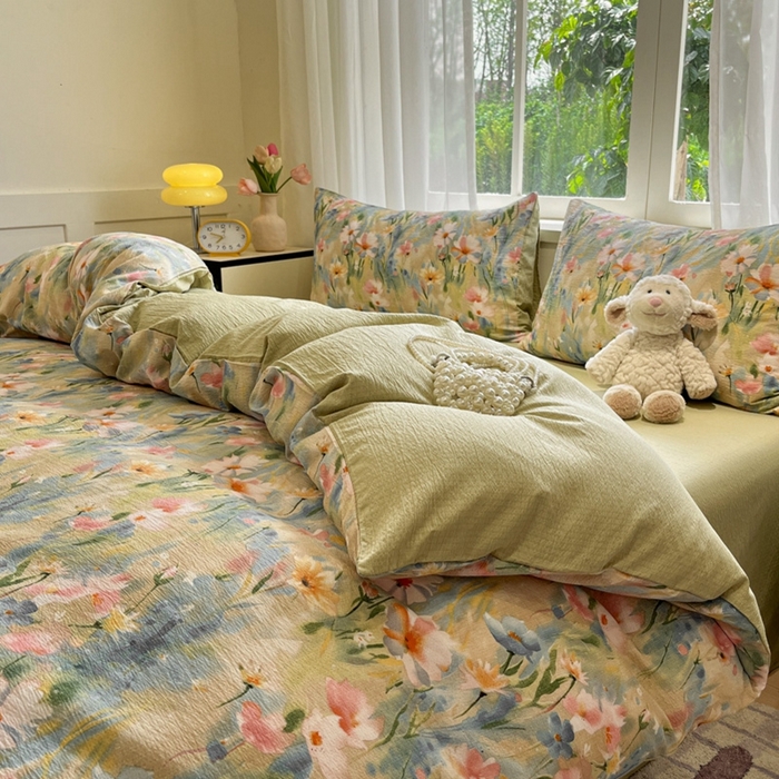 91家纺网 家纺一手货源 找家纺 王朝国际 2026爆款皱皱双层纱四件套花精灵