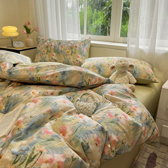 91家纺网 家纺一手货源 找家纺 王朝国际 2026爆款皱皱双层纱四件套花精灵