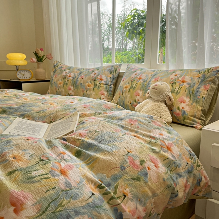 91家纺网 家纺一手货源 找家纺 王朝国际 2026爆款皱皱双层纱四件套花精灵