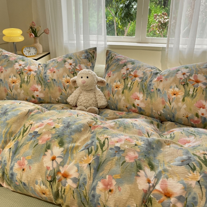 91家纺网 家纺一手货源 找家纺 王朝国际 2026爆款皱皱双层纱四件套花精灵