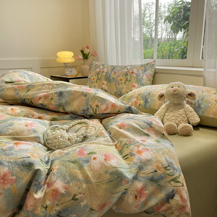 91家纺网 家纺一手货源 找家纺 王朝国际 2026爆款皱皱双层纱四件套花精灵