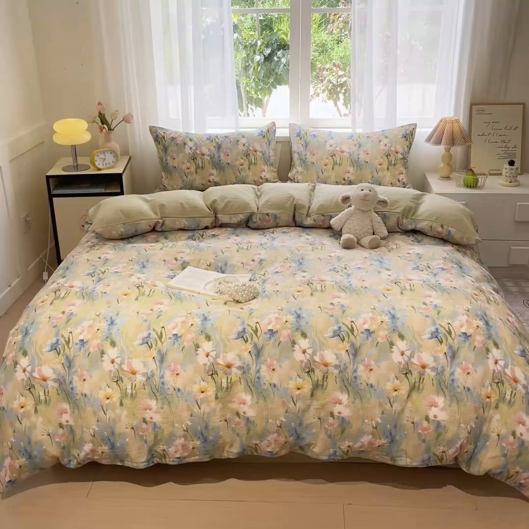 91家纺网 家纺一手货源 找家纺 王朝国际 2026爆款皱皱双层纱四件套花精灵