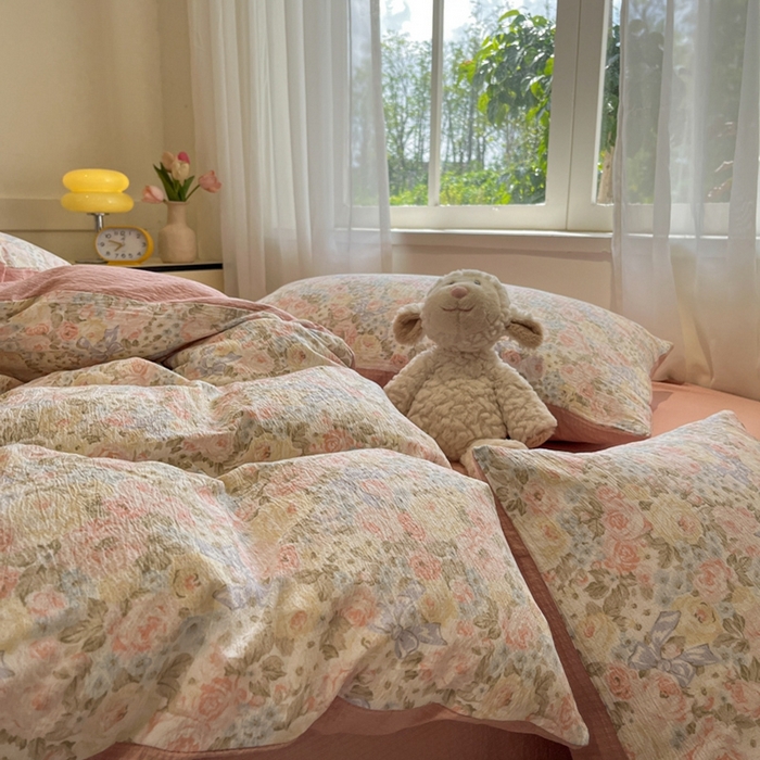 91家纺网 家纺一手货源 找家纺 王朝国际 2026爆款皱皱双层纱四件套花仙子