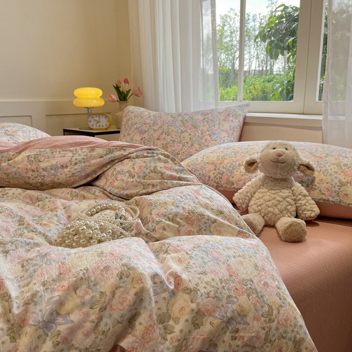 91家纺网 家纺一手货源 找家纺 王朝国际 2026爆款皱皱双层纱四件套花仙子