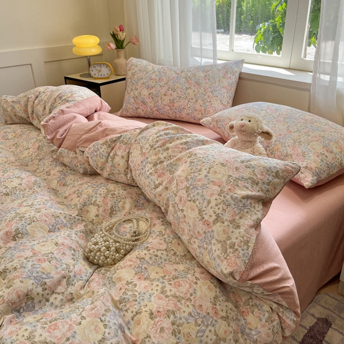 91家纺网 家纺一手货源 找家纺 王朝国际 2026爆款皱皱双层纱四件套花仙子