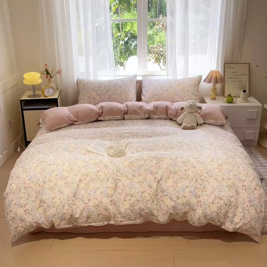 91家纺网 家纺一手货源 找家纺 王朝国际 2026爆款皱皱双层纱四件套花仙子