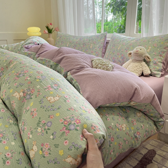 王朝国际 2026爆款皱皱双层纱四件套花园小兔