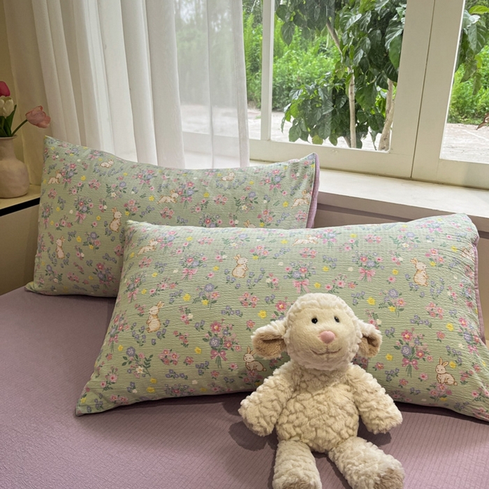 91家纺网 家纺一手货源 找家纺 王朝国际 2026爆款皱皱双层纱四件套花园小兔