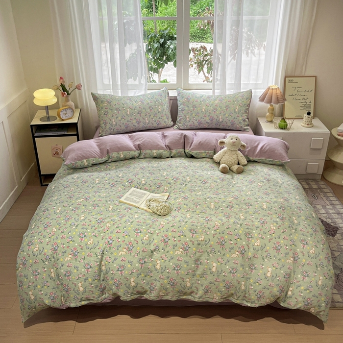 91家纺网 家纺一手货源 找家纺 王朝国际 2026爆款皱皱双层纱四件套花园小兔