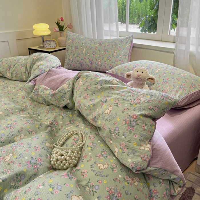 91家纺网 家纺一手货源 找家纺 王朝国际 2026爆款皱皱双层纱四件套花园小兔