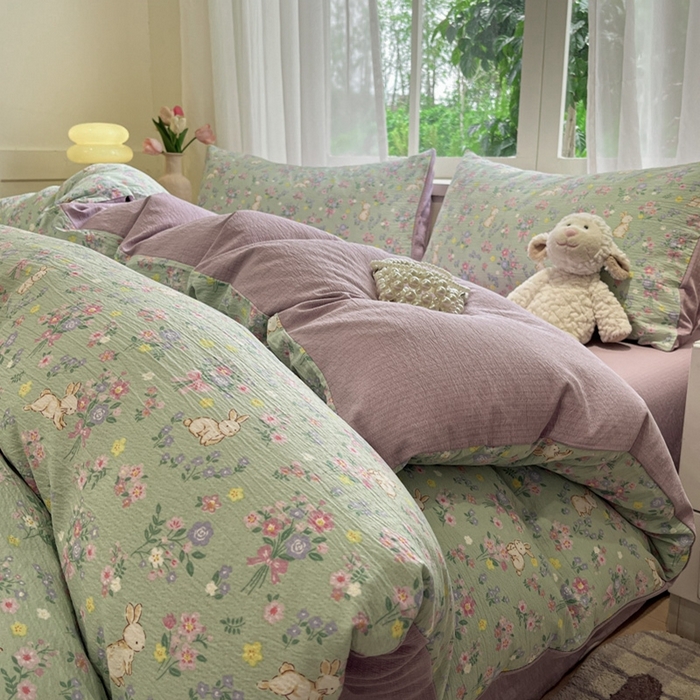 91家纺网 家纺一手货源 找家纺 王朝国际 2026爆款皱皱双层纱四件套花园小兔