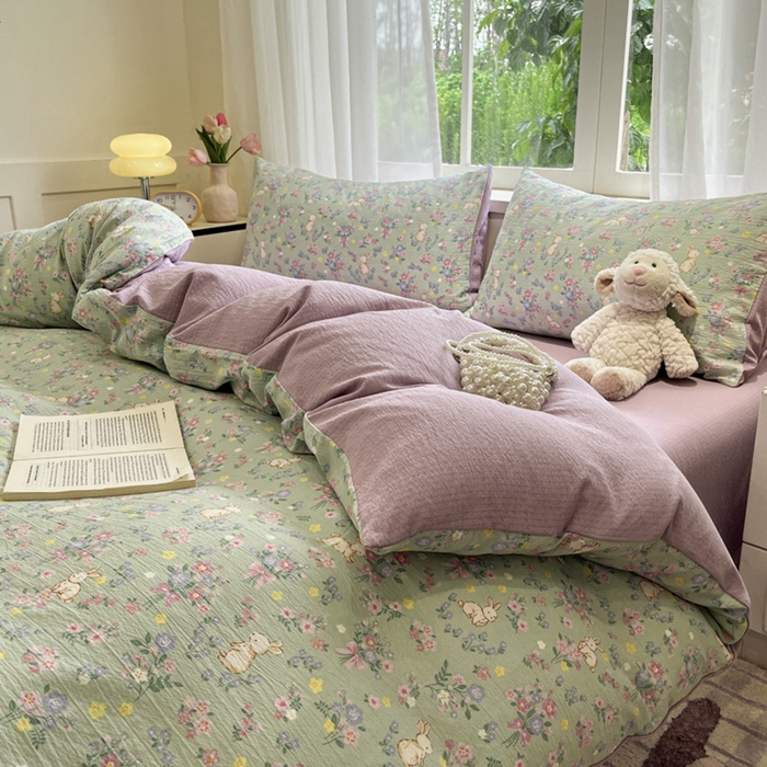 91家纺网 家纺一手货源 找家纺 王朝国际 2026爆款皱皱双层纱四件套花园小兔