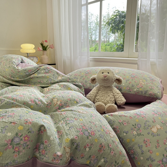 91家纺网 家纺一手货源 找家纺 王朝国际 2026爆款皱皱双层纱四件套花园小兔