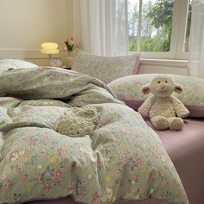 91家纺网 家纺一手货源 找家纺 王朝国际 2026爆款皱皱双层纱四件套花园小兔