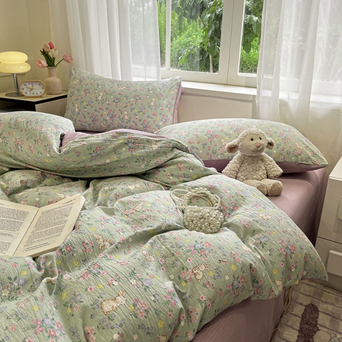 91家纺网 家纺一手货源 找家纺 王朝国际 2026爆款皱皱双层纱四件套花园小兔