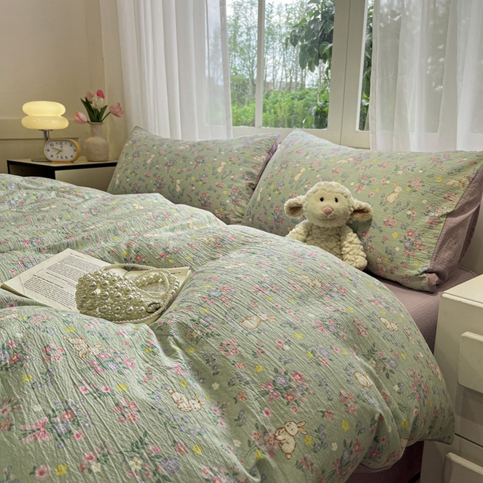 91家纺网 家纺一手货源 找家纺 王朝国际 2026爆款皱皱双层纱四件套花园小兔