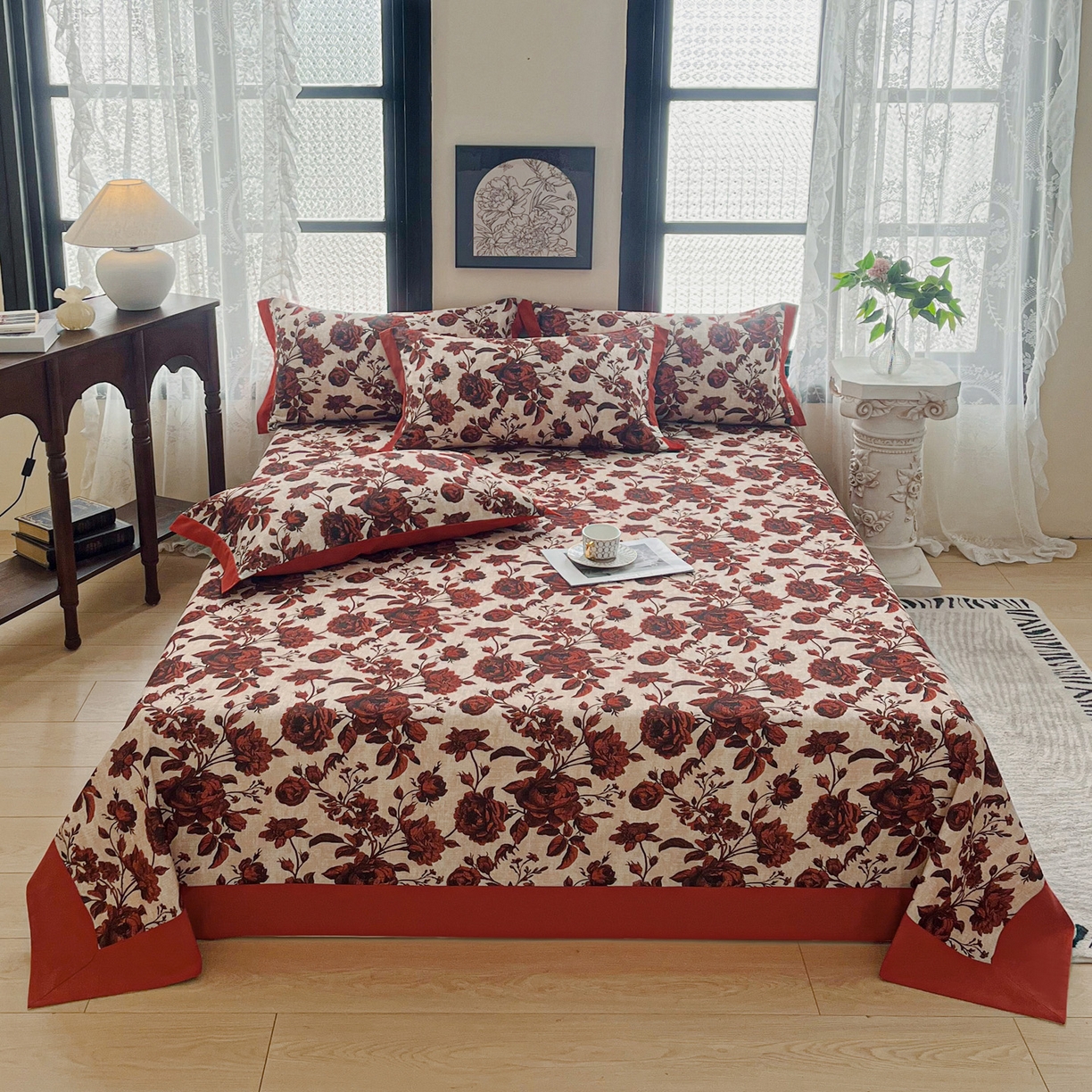 91家纺网 家纺一手货源 找家纺 慕梵家居2025新款100%全棉磨毛包边单床单 红色玫瑰