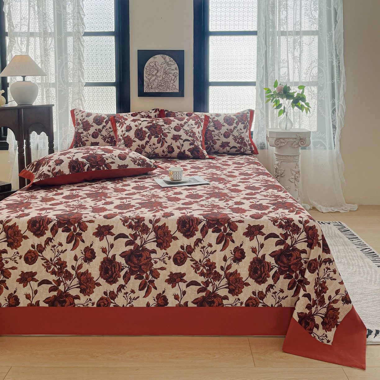 91家纺网 家纺一手货源 找家纺 慕梵家居2025新款100%全棉磨毛包边单床单 红色玫瑰