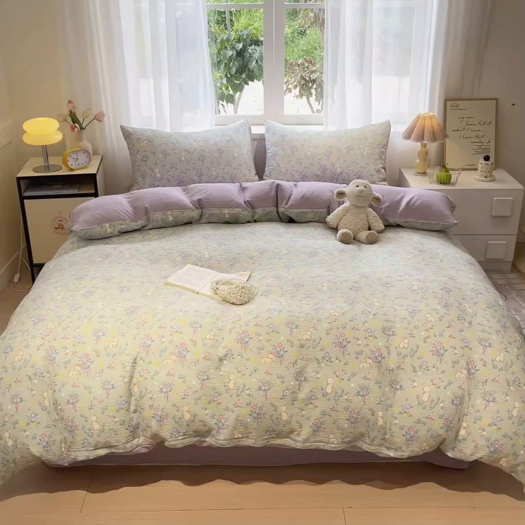 91家纺网 家纺一手货源 找家纺 王朝国际 2026爆款皱皱双层纱四件套花园小兔