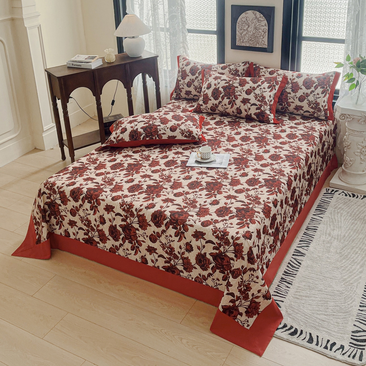 91家纺网 家纺一手货源 找家纺 慕梵家居2025新款100%全棉磨毛包边单床单 红色玫瑰