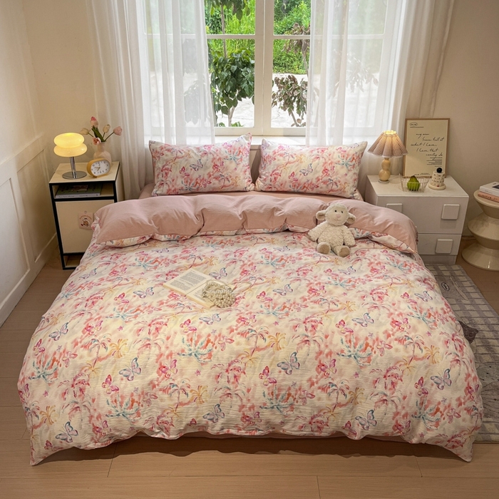 91家纺网 家纺一手货源 找家纺 王朝国际 2026爆款皱皱双层纱四件套浪漫之约